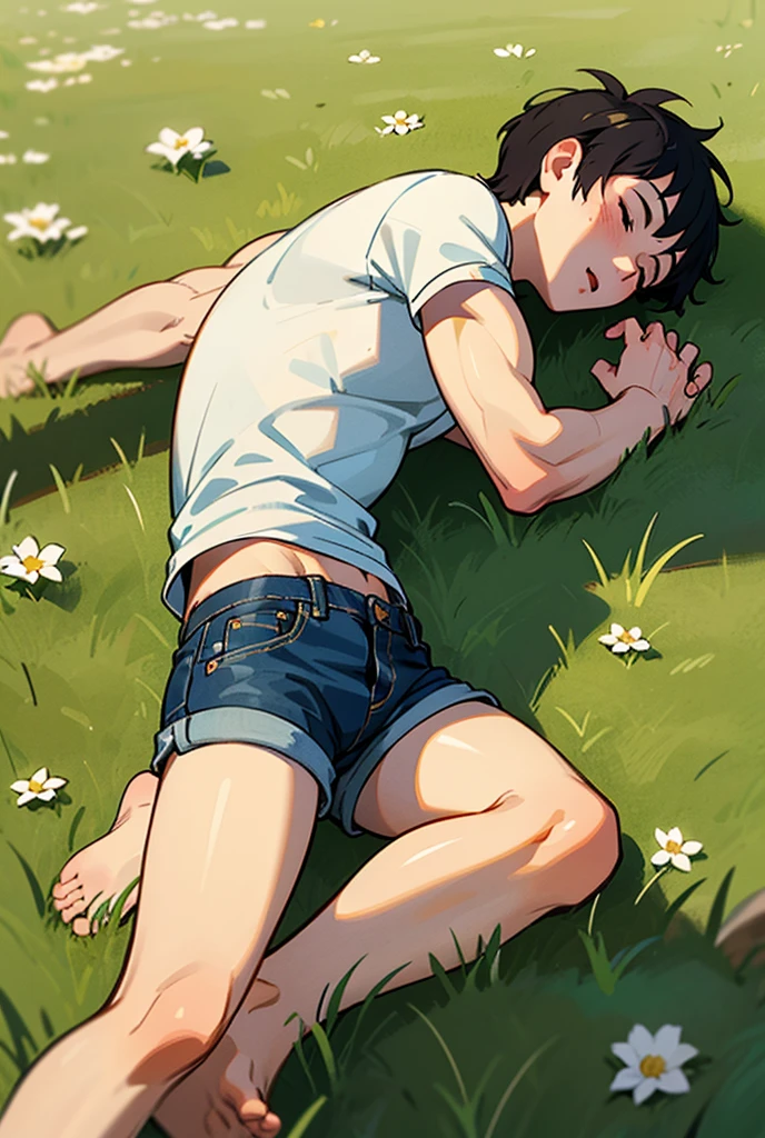 A boy, shy, full body view, skin fair, Kale, full of bruises, dark and messy hair, eyes looking down, head down, sobbing, shrinking arms