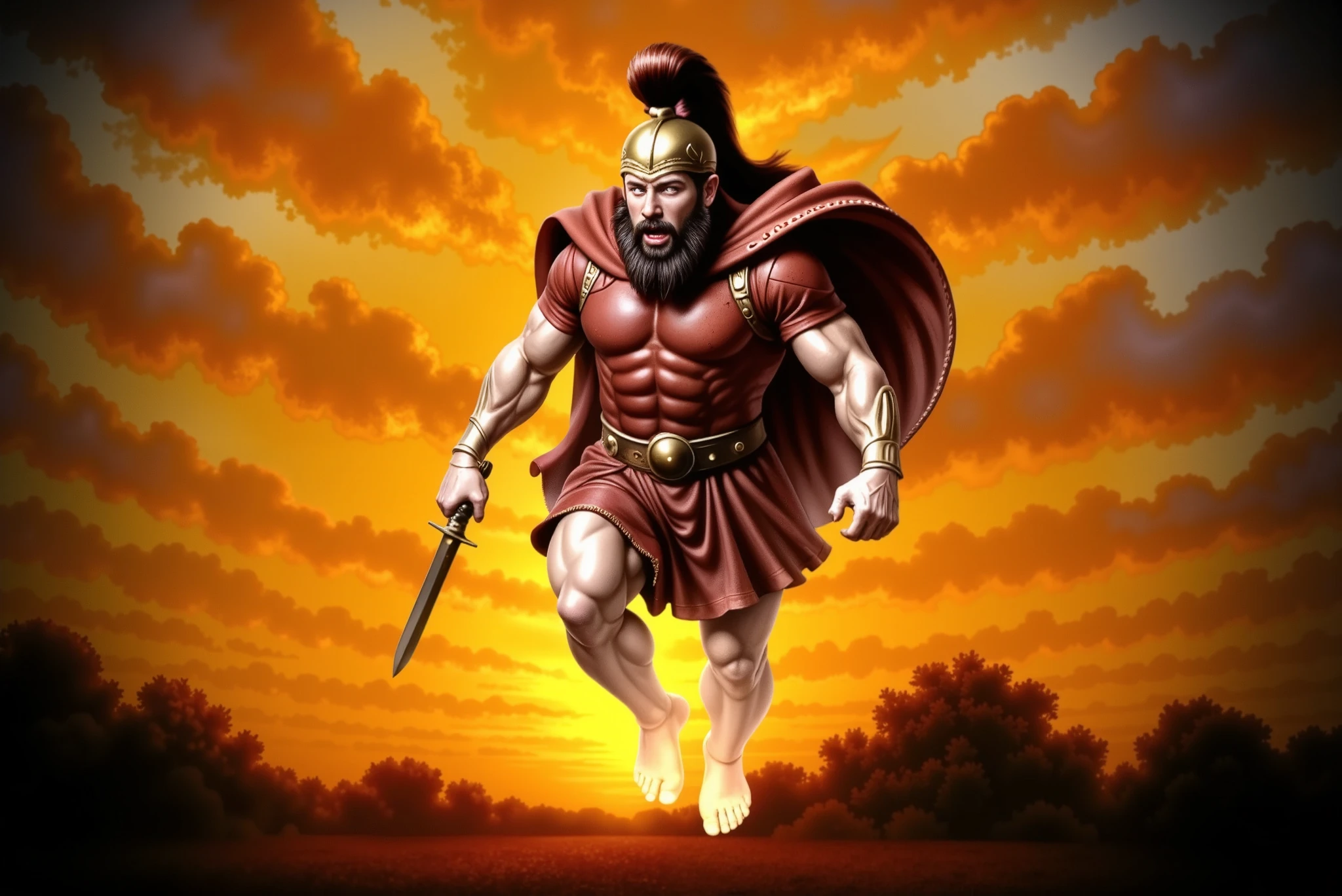 Ares, the Greek god of war, descends from the heavens engulfed in swirling flames and divine fury. His body is muscular and glows with the polished sheen of gold, each muscle sculpted with anatomical precision. He wears a bronze Corinthian helmet with a dark red horsehair crest flowing backward, exposing glowing, incandescent eyes and a snarling mouth. His thick beard and long black hair stream out from beneath the helmet.
Ares is dressed in a sleeveless crimson tunic, cinched at the waist by a wide dark brown leather belt with a bronze buckle. A blood-red cape billows behind him, partially consumed by the fire. In his right hand, he wields a short, slightly curved sword aimed downward, while his left fist is clenched in divine rage.
He hovers just above the scorched ground, creating concentric shockwaves of molten orange light rippling outward from his descent. The terrain cracks and glows with raw energy beneath him. Surrounding Ares are billowing clouds of smoke and fire—fiery reds, oranges, and yellows forming a halo behind his head. The lighting is dramatic, casting deep shadows and golden highlights across his body and armor.
The composition is dynamic and mythological, with a low-angle view to emphasize his overwhelming presence. The scene evokes cosmic wrath and power, as if the entire world trembles beneath the return of the god of war.