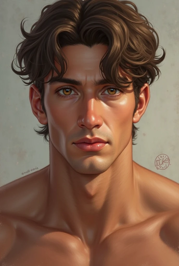 Make an 18 year old MAN with dark brown hair and long curly hair, lean physique with muscle 