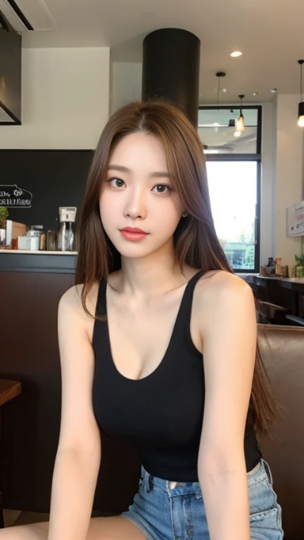 (realistically, Une haute résolution:1.3), 1 fille avec un corps parfait, Super fine face and eyes,long dark brown hair, Random Color Tank Top:1.2, pantalon en jean court, in a coffee shop, coffee on the table, Huge tit,Exposer le décolleté