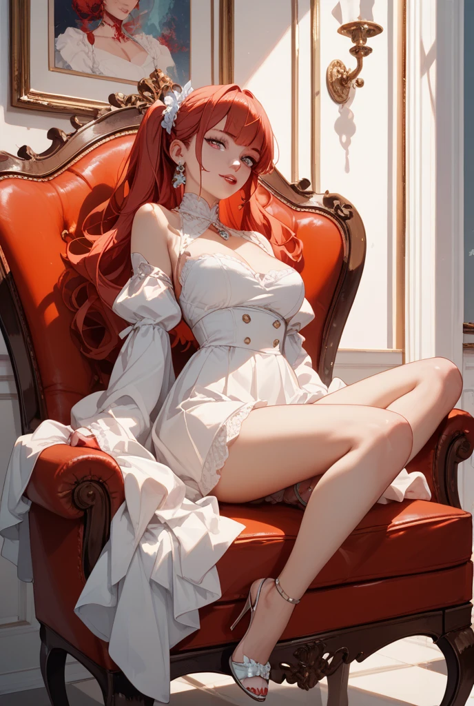 Long hair, side top pigtails, red curly hair, bangs, slim body, very large breasts, ball shaped breasts, red pupils, cleavage, red eyes, hair between eyes, very long hair, red hair, lips, drill curls, beautiful Japanese woman, five fingers, reality, slim waist, smiling, full body, sitting on sofa in short sleeveless top and miniskirt in luxurious room