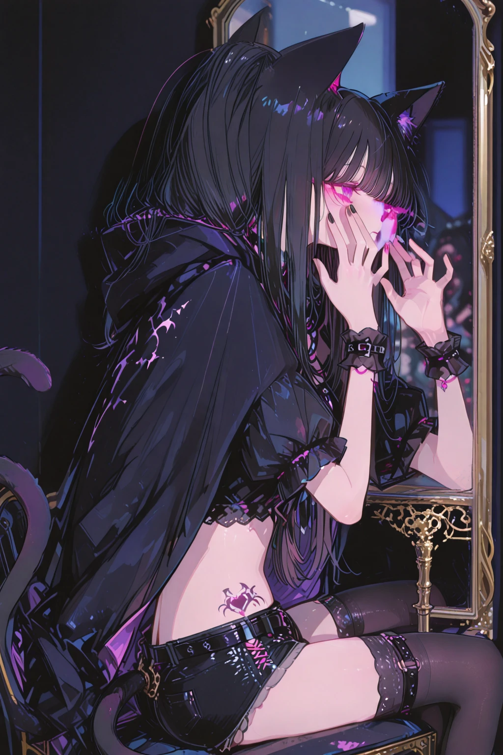 (1girl, long hair, collar, purple eyes, glowing, glowing eyes, extra eyes, dark, horror \(theme\), happy) (digital) (crossed legs indian style in detailed hallway, (Fishnets)) , best quality, <lora:boldline:0.2> <lora:hairdetailer:0.2> insanevoid <lora:insanevoid2:0.8>