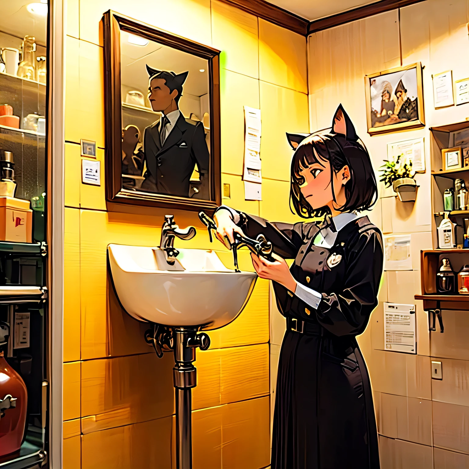 A masterpiece-quality, highly detailed illustration of a stylish cat-themed barbershop.
A professional cat-eared hairstylist with black cat ears and short hair holds a pair of scissors with confidence.
She wears a chic uniform with leather accents. The customer sits in a classic leather barber chair, surrounded by warm, vintage wallpaper, a shampoo station, and cozy lighting.
The atmosphere is warm, welcoming, and slightly magical — a perfect blend of elegance and comfort.
There’s a soft glow in the room, giving it a dreamlike touch. Add subtle cat-themed decor and small grooming tools on the counters.