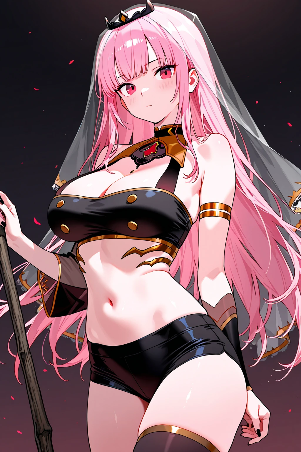 (Golden Ratio:1.2),[(black background:1.4)::10],(8k, best quality, tmasterpiece:1.2),\(eye detailed\),\(Facial features\),(\(Clothes detail details\)\),(The is very detailed, hight contrast, k hd, 高分辨率的最佳品质tmasterpiece),UHD, retina, anatomically correct, textured skin, super detail, best quality, highres,(1 girl:1.3),(solo),(full body:1.2),(ssee-through:1.5),36 years old,mature woman,(succebus:1.2),pointed ears.long wave hair,the hair color is pink,hips lenth hair,(/purple eyes/),(/red heart shaped pupil:1.1/),pink lips.(/huge breasts:1.2/),show the breasts cleavge,Outfits that reveal many areas of skin,(shiny brown skin:1.3),slim waist,(waist outcut)+(navel outcut)+(thigh outcut),(thick thigh:1.2),(//Nylon black surgical gloves:1.25//),(/Black lace suspenders:1.3/),(Mink down coat:1.3).Standing on the bloody battlefield,Blood pool in the background,corpse lying on the ground,(Broken spears and swords stuck in the bodies:1.22),(depth of fields:1.3),(Circular composition,The character stands in the center of the picture:1.4)