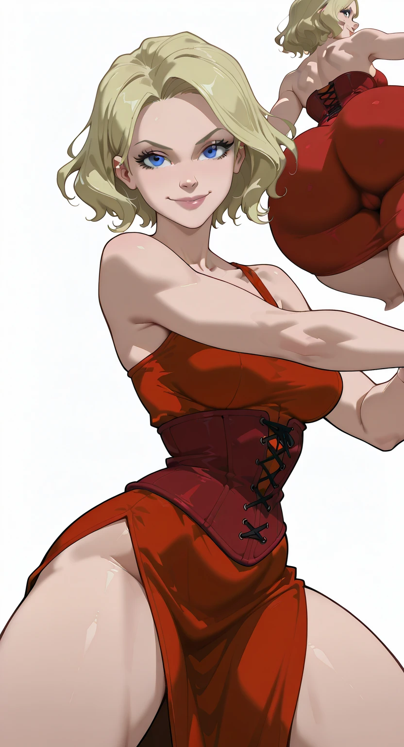 masterpiece, best quality, highres, hmbk1, 1girl, ponytail, drill hair, pink eyes, (muscular:1.1), muscular female, large breasts, red dress, frills, red capelet, ribbon, white bloomers, <lora:biscuit_krueger_v1:0.7>, smile, clenched hands, outdoors