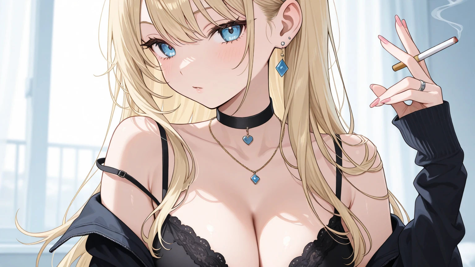 kelolinde,1girl,jewelry,breasts,skirt,solo,shirt,pencil skirt,black skirt,bra,cleavage,pantyhose,necklace,looking at viewer,holding,black bra, yellow hair, silver color eyes, detail face, detail hair, detail eyes,unfriendly face
