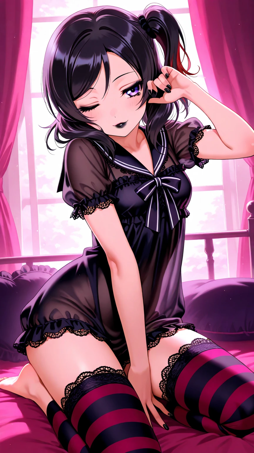 Hands Behind Back,Tied with hands behind back,from front,front view,looking at viewer, looking ahead,from above,cowboy shot,1girl,Beautiful 11 year old girl,Japanese,Slender,,low length,Small breasts,Thin legs,Small Ass,Baby Face,Small face,Black Hair,Row Twin Tails,Gray Eyes,Drooping eyes,middle School girls,Sheer black and pink negligee,Sexy Lingerie,open mouth,tongue out,front face,Kneeling,Straight Stand,Beautiful and detailed anime art,Mischievous smile,Sexy vibe,cum on tongue,Dimly lit room,On the bed,Simple Background,Gray background,Low lighting,
