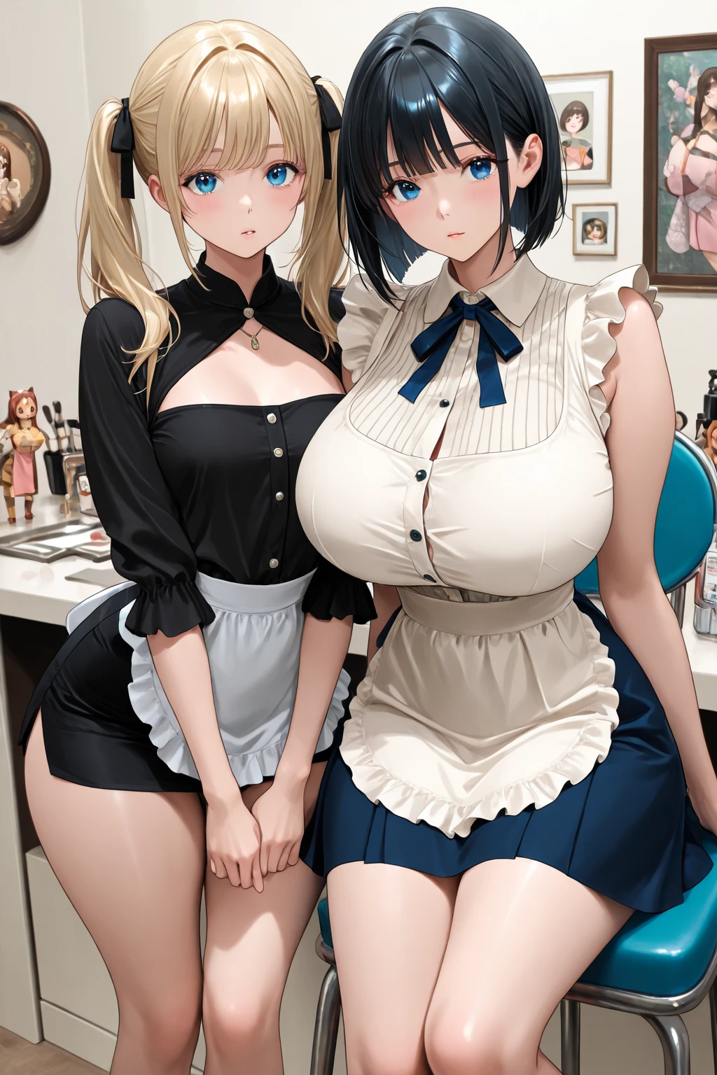 ((highest quality、High resolution、masterpiece))、(((2girls))), Portrait、A beautiful woman、Perfect body、Beautiful ample breasts、Long blonde、bangs、Blue and white、Embellished blue sexy dress、No panties、Embarrassed、((She lifts her skirt to show her pussy))、Love juice