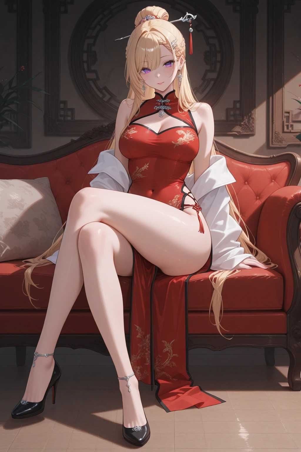 (masterpiece, best quality), 1girl, blonde hair, red dress, pantyhose, cute face, blush,