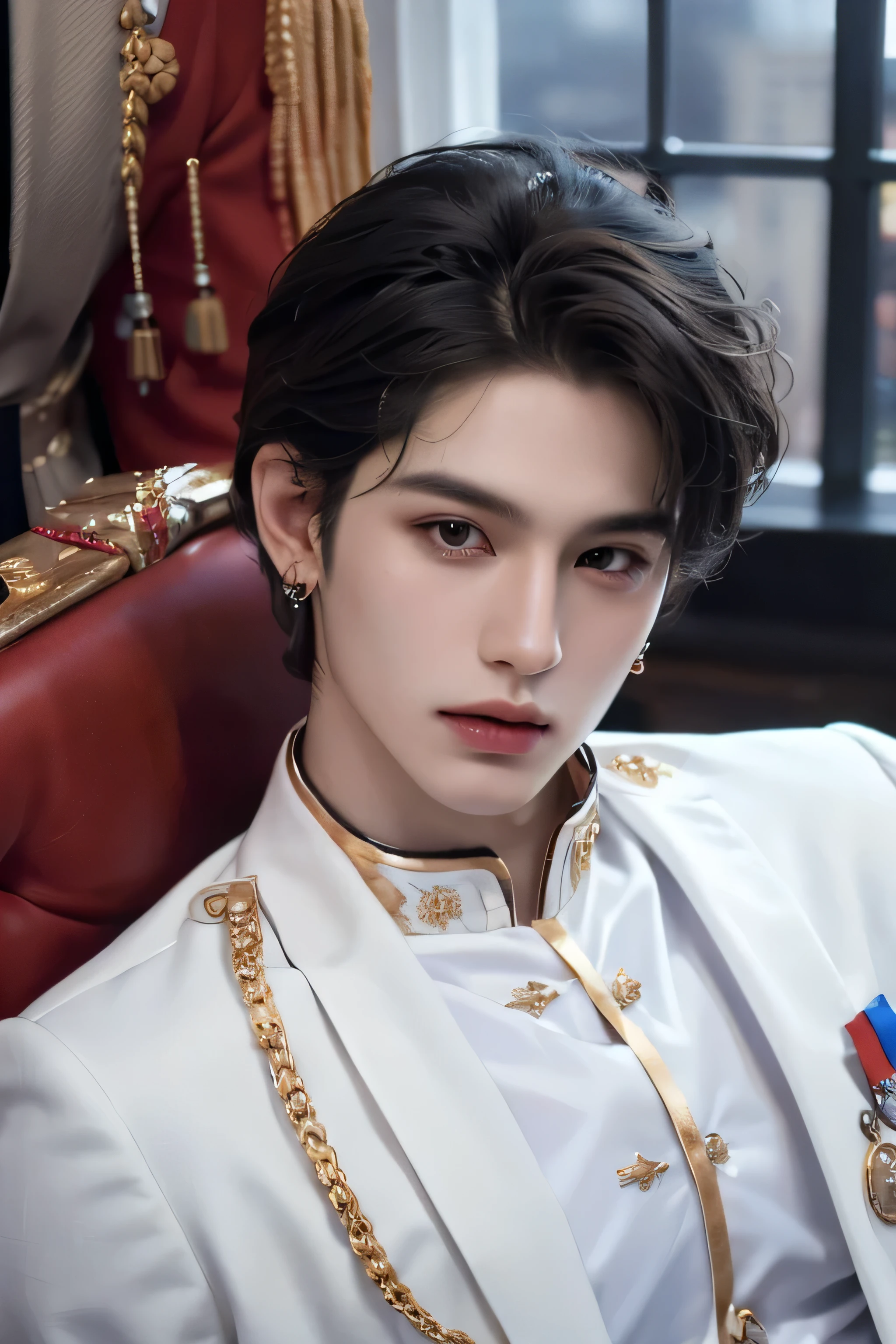 ((highest quality, 8K, masterpiece: 1.3)), live music concert stage background with spotlights, Handsome boy in k pop model outfit, ((25-year-old man)), well-groomed face, black hair color, thin face, (white skin:1.5), black eyes, Super handsome, sexy eyes, Extra-fine face, handsome nose, small eyes and face, High resolution, detailed mouth, super slim, ((super popular k pop model)), ((wearing white royal prince outfit with gold)), white pants with gold buckle, standing in a ballroom