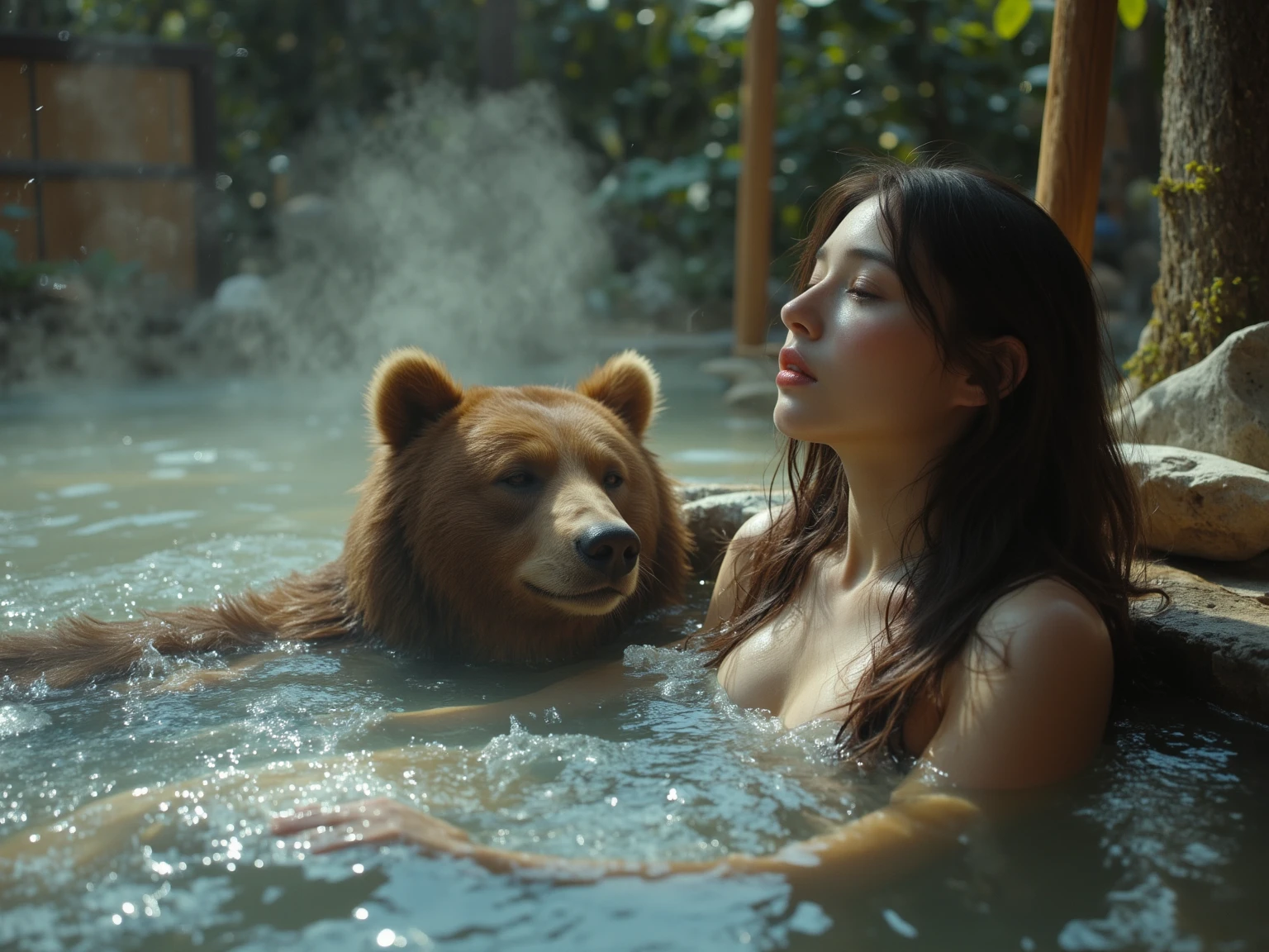 a nude short middle-aged asian woman with graying hair in a heated emotional argument with a huge menacing grizzly bear in a trailer park at dusk, magic hour lighting