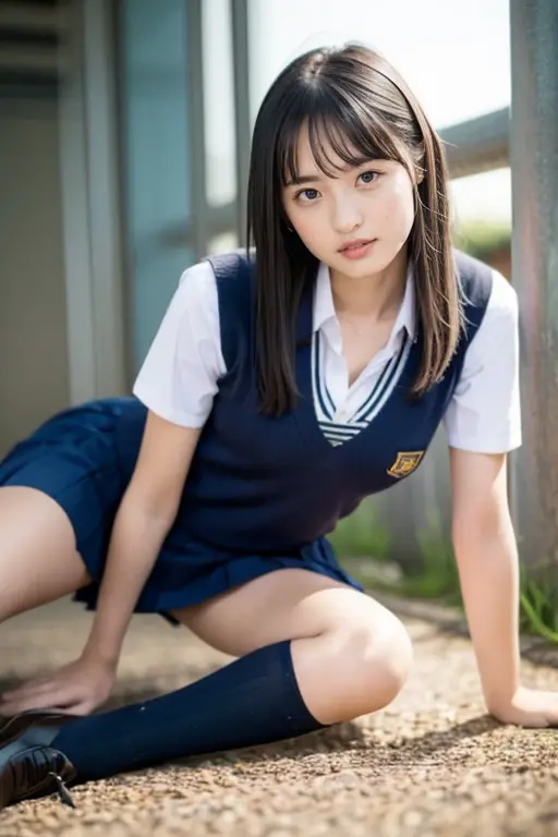 high school girl、Wear a uniform、((masterpiece)), (Realistic: 1.2) masterpiece, 最high quality, high quality,White skin, 最high quality, Super detailed,mature,beautiful, Black Hair, Long Hair, With bangs,,Big Breasts ,Sweaty, muddy, dirty socks,10th Generation,Fascinating,feet,I'm not wearing shoes、Full body pose, Very detailed,High resolution, Highlighted by white knee-length socks featuring the parted-lip Nike logo。Black Nike logo on socks。There is always one black Nike logo visible on the sock.、2組の完璧なfeet Change clothes in the classroom、Ultra-realistic skin texture、Shiny skin、Exposed thighs with beautiful socks!!! She is smiling and holding a change of socks in one hand.