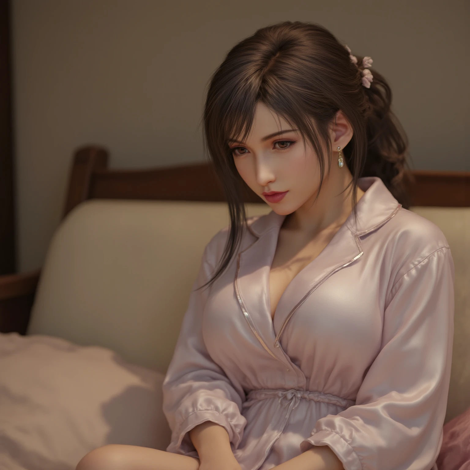 a gorgeous 42-year-old woman, detailed face, beautiful white skin, medium length hair, wearing a silky nightie, seductively lying on a bed, hands up armpit visible, cleavage and breasts visible, dramatic lighting, warm color tones, photorealistic, realistic, (best quality,4k,8k,highres,masterpiece:1.2),ultra-detailed,(realistic,photorealistic,photo-realistic:1.37),HDR,UHD,studio lighting,ultra-fine painting,sharp focus,physically-based rendering,extreme detail description,professional,vivid colors,bokeh,portraits,photography
