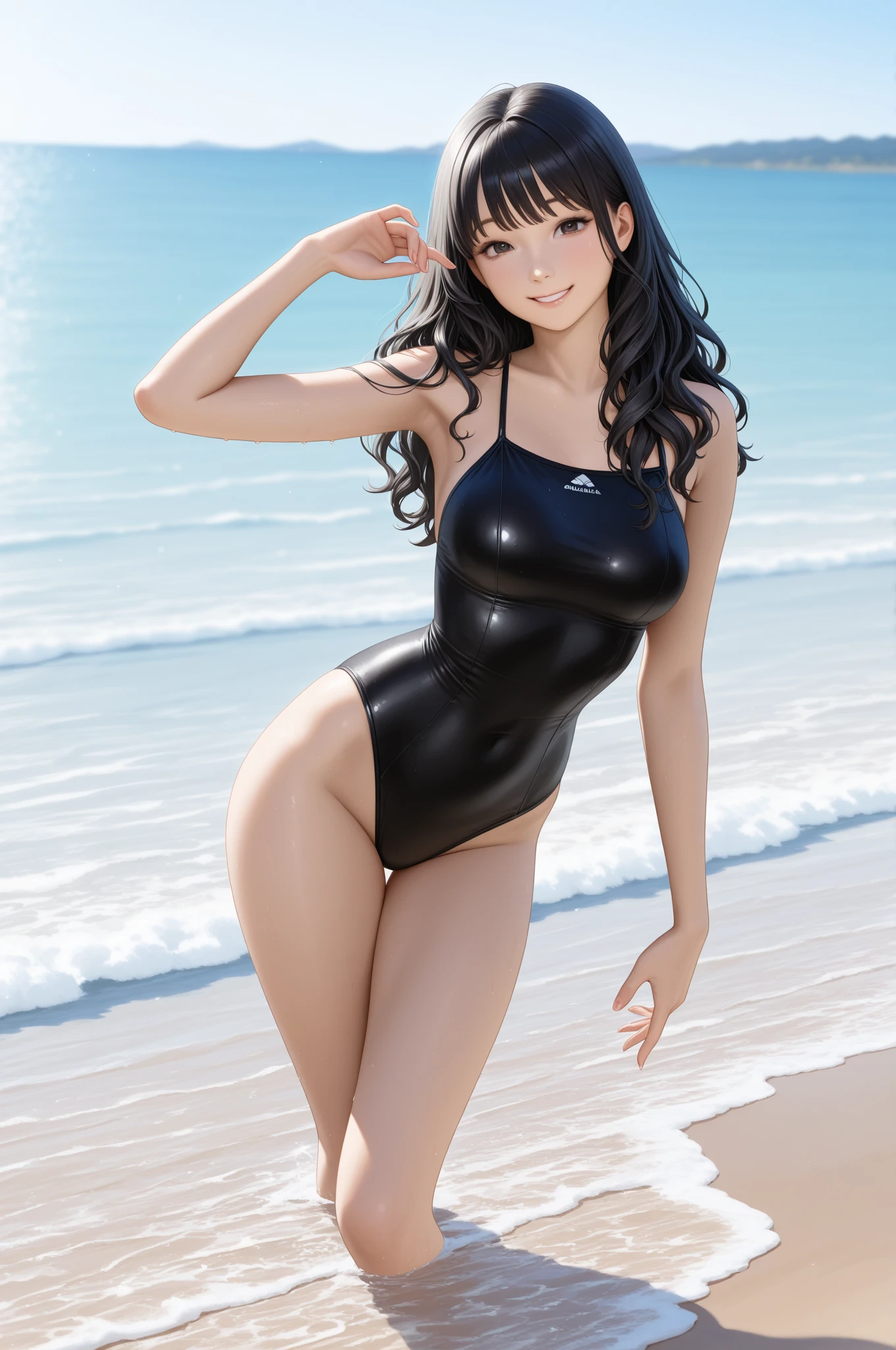 a young woman wearing a tight cutout tigerskin onepiece, on a beach, wonderful face, cameltoe, sexy pose, nippleslip, earrings, squatting, topless