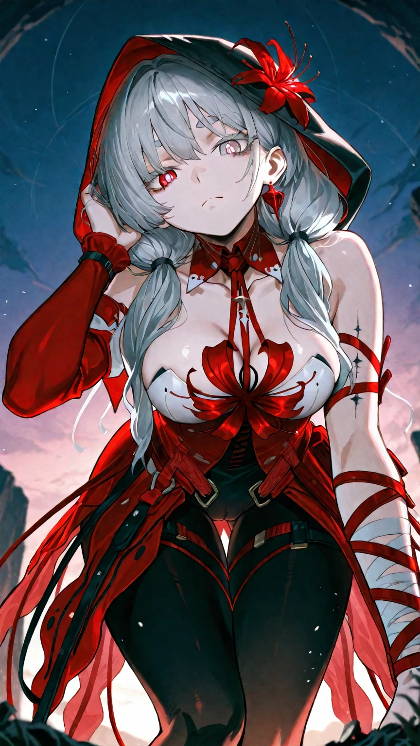 dancer, red dresses doll, showing off, masterpieces, HD, 16K, white hair, white eyes, red rope, scale up, perfect body shape, ghost, spirit, children, 14 years old, cute, spiral, red ribbon, Violence lolita, underboobs, sexy, mind break