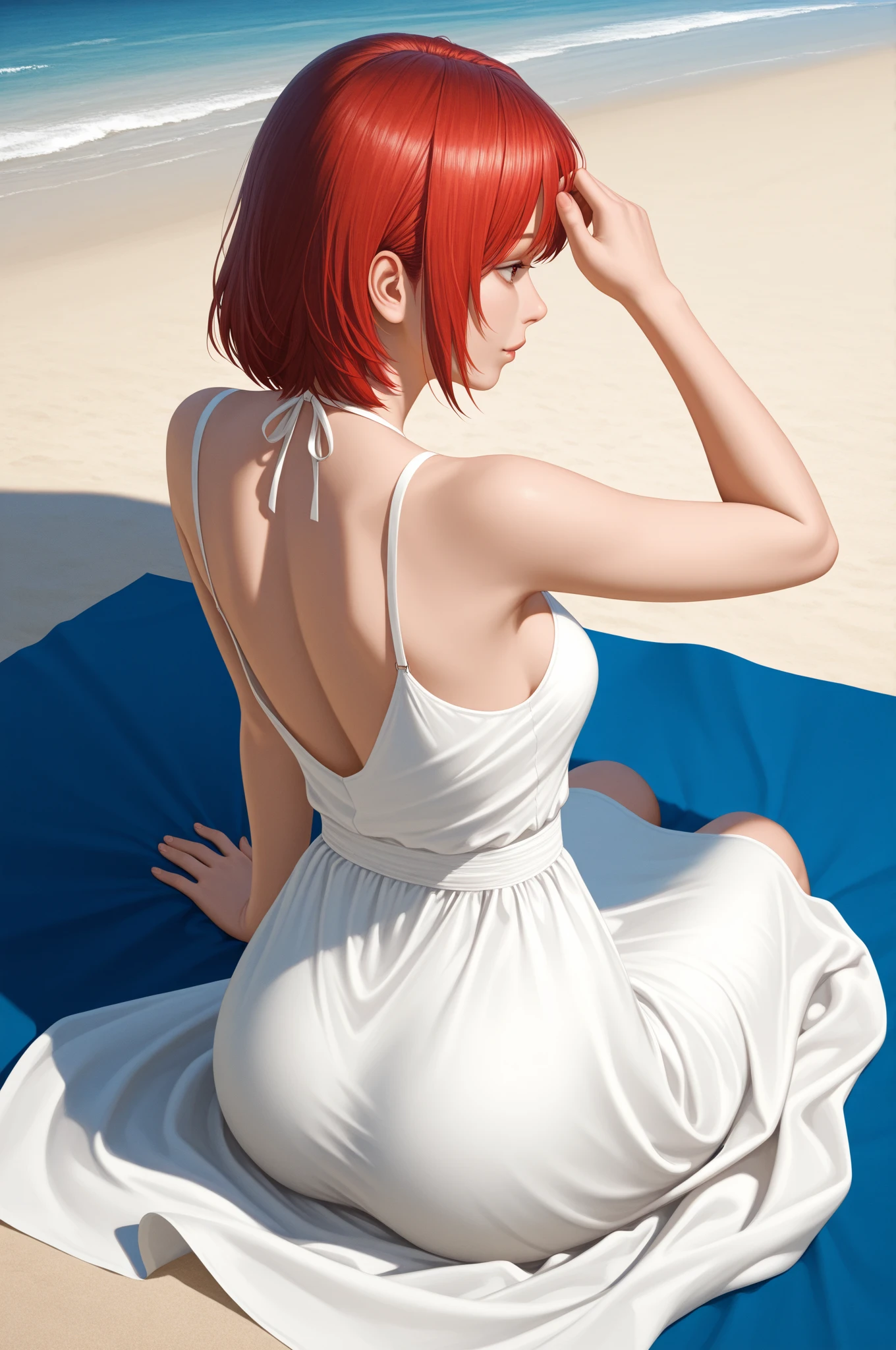 (Masterpiece, Best Quality, High Quality), volumetric lighting, illustration, beautiful, perfect lighting, perfect shadows,Nishikino maki , dynamic camera angle, solo, purple eyes ,red hair , white dress, midriff,halter neck,tiara, thighs out, (moist skin:1.1), (shiny skin:1.2), laying on ground 