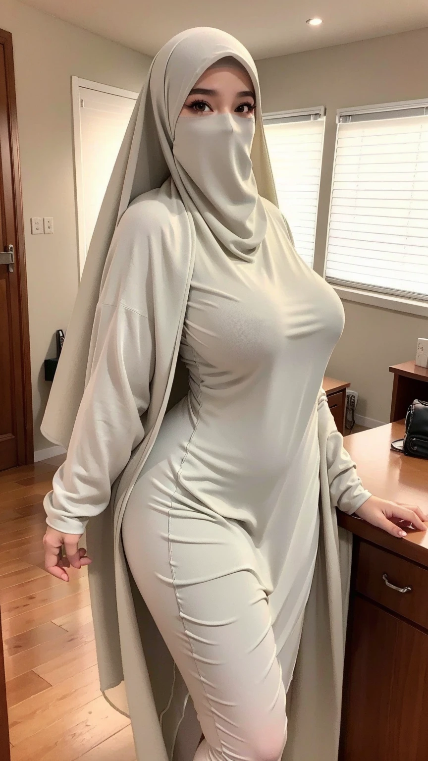 45 years Old, Hijab Indonesian, naked mature woman, small Tits : 34, full body shot, at doctor office, Dark light, at Nighttime