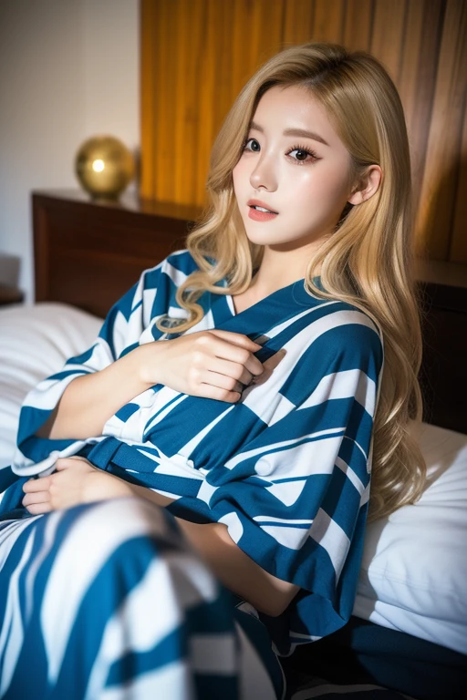 A beautiful girl with a mixed Russian and Korean face, 36 inch breasts size, wearing a lingerie pajamas that is very thin and transparent so that her nipples are barely visible, necklace , in the hotel room, UHD, blonde hair, hands up, lying in bed, full body, spread legs