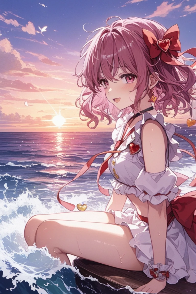 ((masterpiece,Highest quality)),One girl, Day, Swimwear, View your viewers, Recall, Ocean, Miko 1, sakura miko, Green Eyes, alone, Ahoge, X Hair Ornament, Pink Hair, Single knee socks, Side bust, Hair Clip, Hair Bell, Floral print, Long Hair, Hair between the eyes, One side up, White knee socks, Asymmetrical legwear, Wide sleeves, smile, sunny, Sleeping together