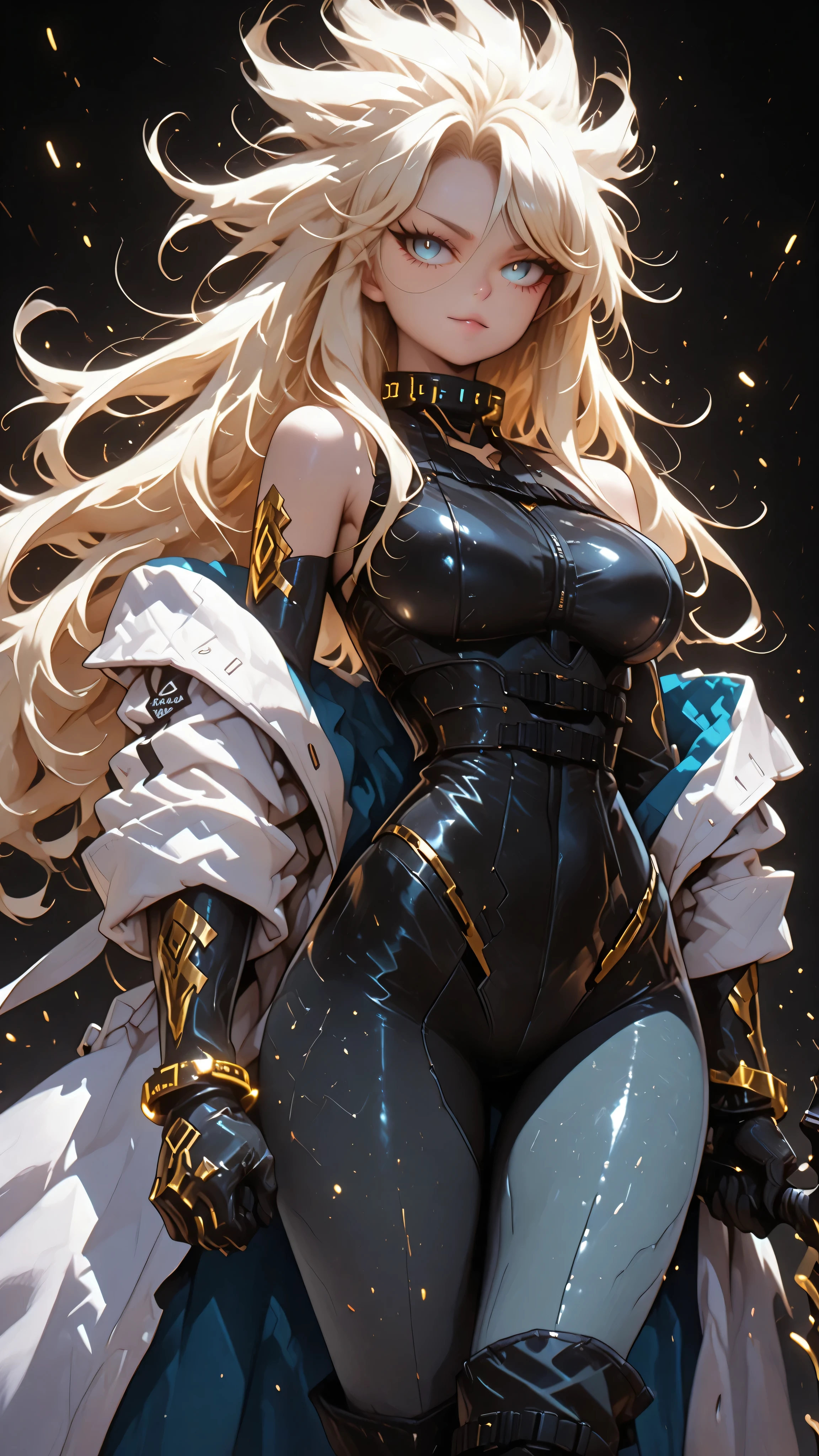 (1girl, solo, masterpiece, 4k, best quality:1.2, (cowboy shot), best quality:1.2, NICE HANDS, COLORFUL, (perfect hands, perfect anatomy)),
aoba wakura, long hair, (yellow eyes:1.5), teeth, antenna hair, sharp teeth, white hair, (forehead:1.2), (facial mark:1.5),
cleavage, boots, bodysuit, black bodysuit, superhero,
((medium breasts, big hips, looking at the viewer, cleavage)),
((simple background, white background)), <lora:GoodHands-vanilla:1>