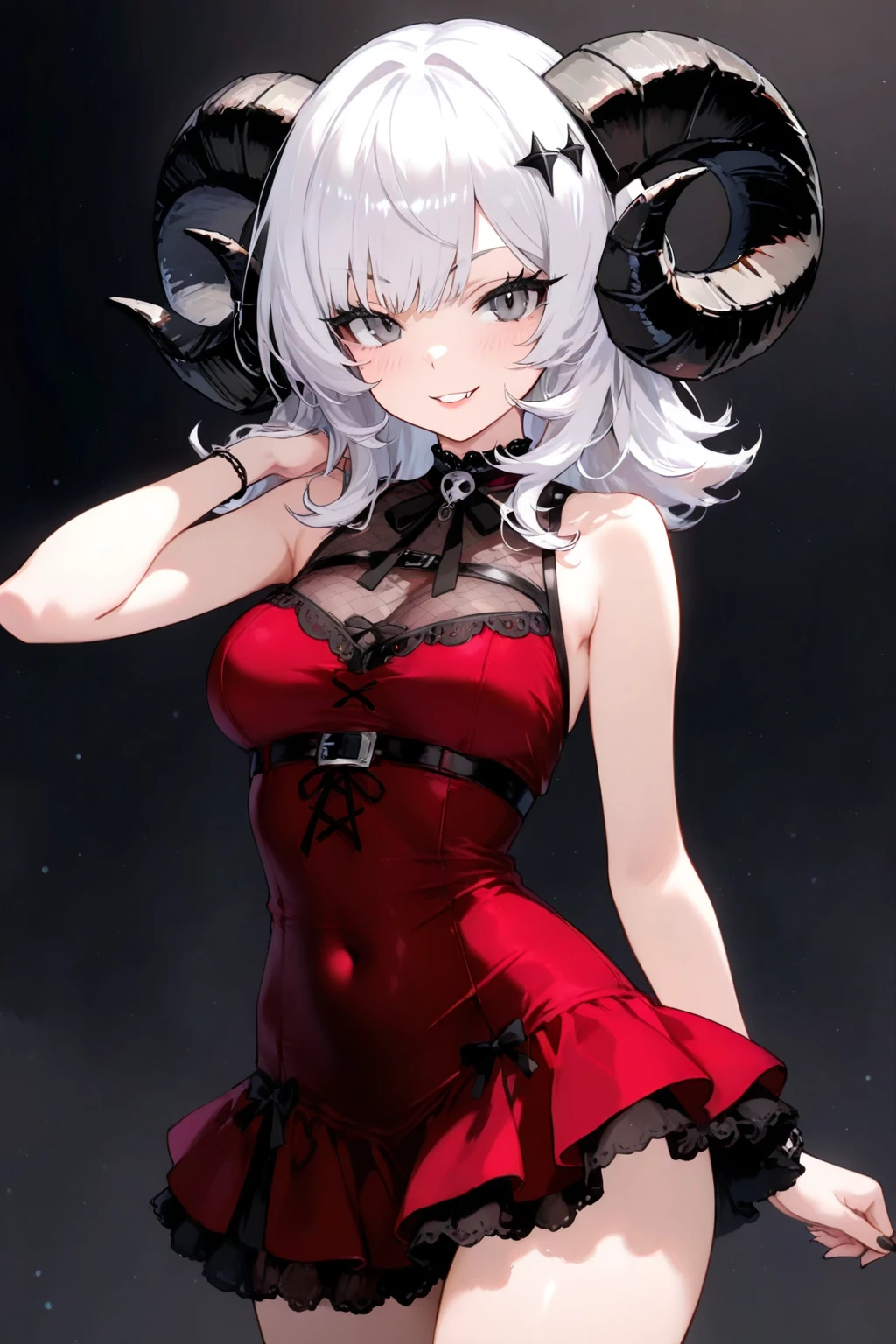best quality, masterpiece, highres, solo, {w_arknights:1.15}, horns, bangs, short_hair, grey_hair, breasts, smile, demon_horns, upper_body, red_eyes, multicolored_hair, ahoge, white_hair, red_hair, medium_breasts, 1girl, bare_shoulders, looking_at_viewer, dress, hair_bun, cleavage_cutout, clothing_cutout, double_bun, sleeveless, cleavage, antennae, alternate_costume, sleeveless_dress, simple_background, large_breasts, white_background, navel, navel_cutout, red_nails