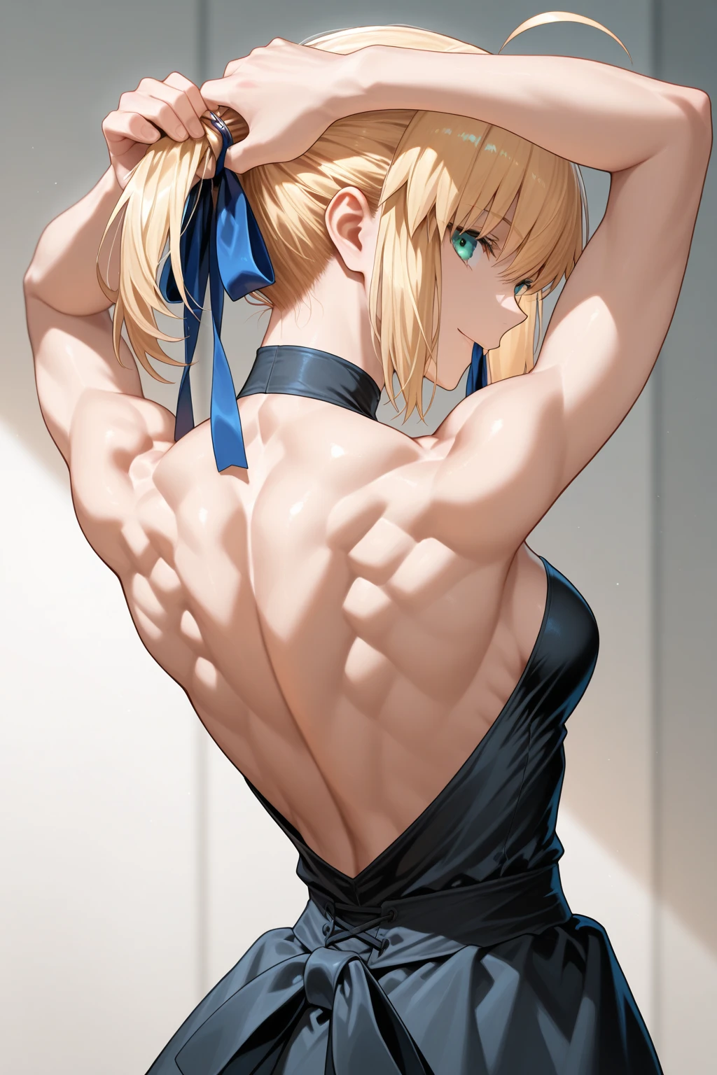 NSFW　(Highest quality:1.5, High resolution, 超High resolution, 4K, Detailed lighting, Shaders)(Beautiful details:1.6)(Artoria Pendragon), alone　　（Swimwear）＋＋　　short hair,ponytail　 Parody, Blue choker,　Beautiful Abs　 Beautiful arm muscles　((Are standing))　　Realistic swimming pool　Angle from below　　Cool look　Beautiful ass