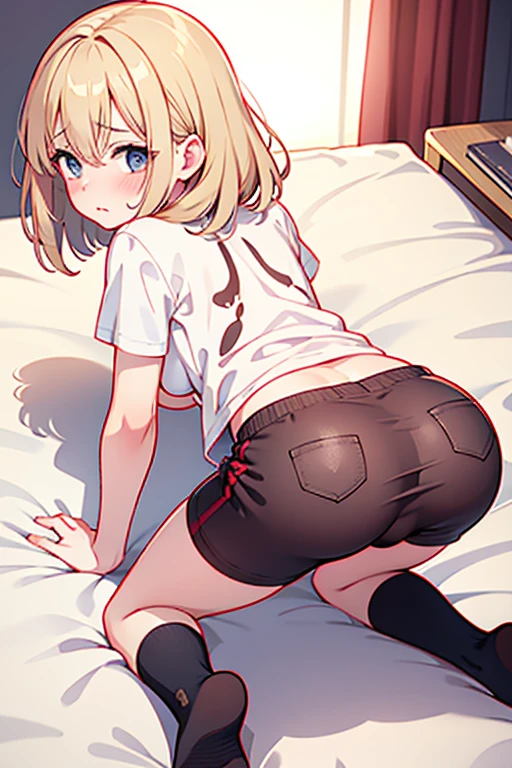 ((masterpiece)),(((Highest quality))),Thin thighs,An 25-year-old  girl ,White shirt,Blue and red plaid mini skirt:1.5,The best smile,Short-cut blonde:1.5,A pose from above with legs spread and buttocks sticking out, (hands on the hIps), (stick out butt), (focus on hips), (high angle) ,(tan skin), show hips,(Top view), (shot from behind),(slouch),(Blue panty),(big hips),(tow hands ass grabing),