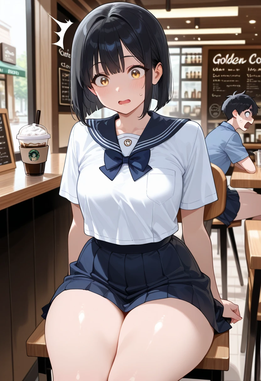 2 girls, by 2 person, girls brown eyes, black hair, short bob, (sailor suit:1.4),indoors, Cafe、very big breasts、expose one's chest、bare one's chest、nipples are transparent、blush、embarrassing、scared face、in trouble、confused face、A lot of milk comes out of the nipples、Breast milk squirts out of the nipples、very short skirt、micro mini skirt、The shape of a woman's private parts is clearly visible、White fluid dripping from the genitals、genitals are wet、Love juice drips from the pubic area