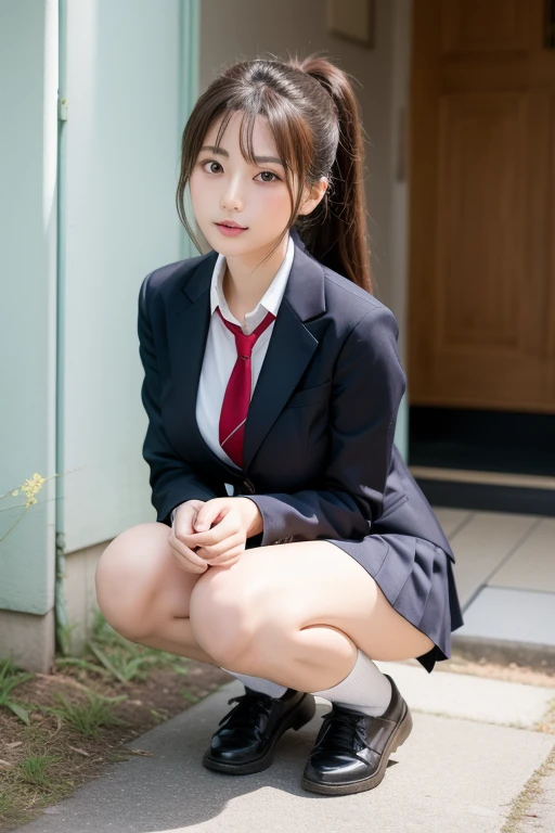Girl (Masterpiece: 1.4), (8K, Real, Raw Photo, Best Quality: 1.4), Japan Person, (1 Girl), Beautiful Face, (Real Face: 1.4), (Caramel Hair, Long Hair: 1.3), Beautiful Hairstyle, Realistic Eyes, Beautiful Detail Eyes, (Real Skin: 1.3), Beautiful Skin, Attractive, Ultra High Resolution, Ultra Realistic, High Definition, Golden Ratio, (Detailed Face: 1.4), (Anna Tanaka), Pure High School Student, Navy blue blazer and tight skirt, NSFW, pose (bend knees and open legs), front