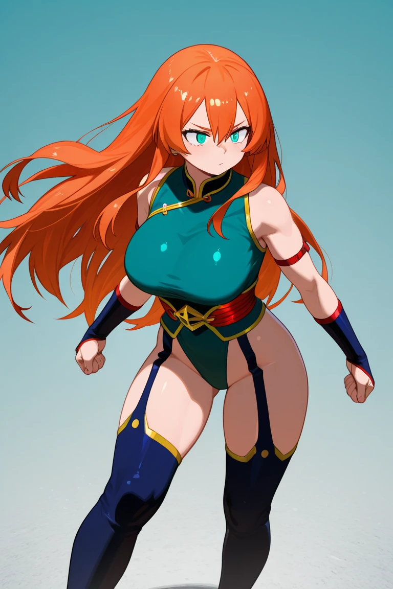 photorealistic, cinematography lighting, cool pose, looking at viewer, 1girl, Russian woman, 30 years old, long hair, red hair, naked, SPY, full body, standing, (only), Street Fighter art style, zipper, zipper full length, partially unzipped, blue eyes, white background, character sheet