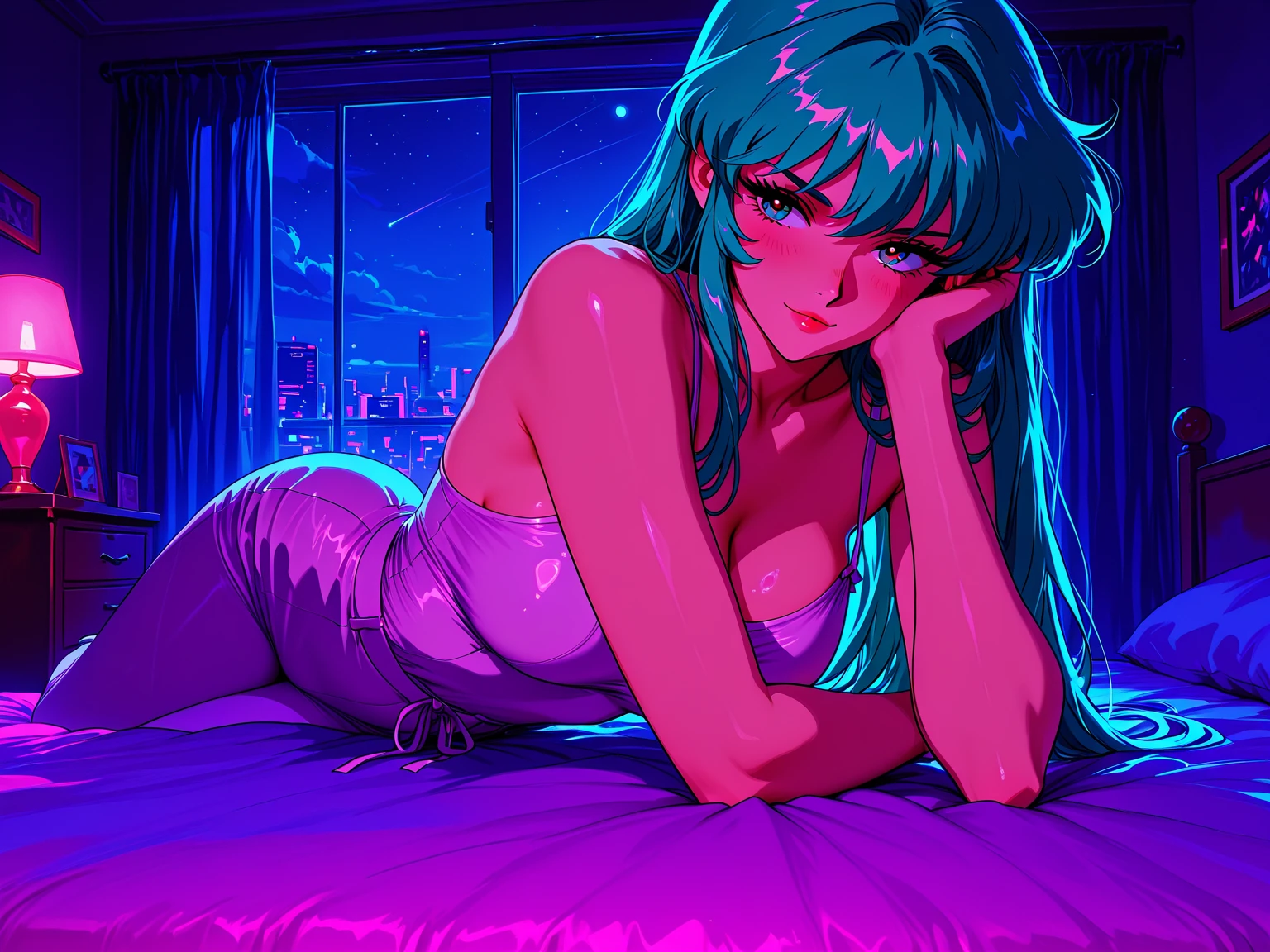 (lum), 1girl, solo, retro artstyle, eyeshadow, green hair, aqua hair, bangs, tiger-stripped horns, sharp ears, strapless, 2d, lying down, sleeping, bedroom, negligee, side tie bikini panties under a cleavage-accentuating negligee, earring, a toy UFO, Wristwatches, night, wide windows, crescent, closed eyes, glamour, from above, long disheveled hair (Best quality at its best, high detail, masterpiece, official art, movie light effect, 4K, 8K), jhyd style
