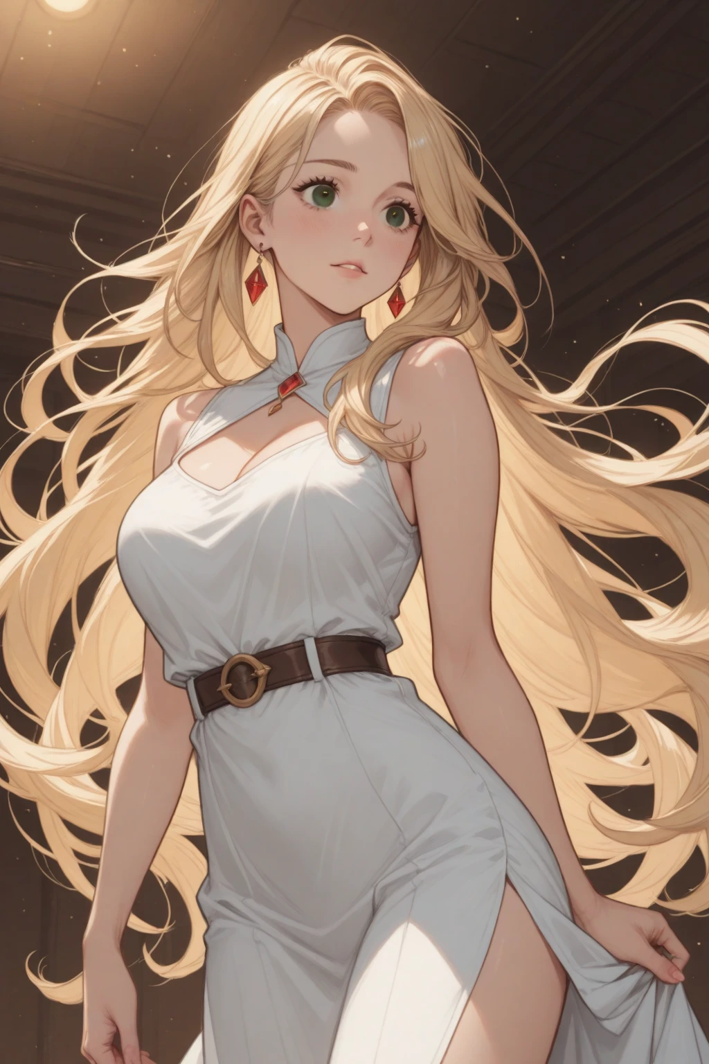 (masterpiece, top quality, best quality, official art, beautiful and aesthetic:1.2), young (1girl:1.3), (wearing spaghetti strap dress:1.3), (blonde:1.3) hair, long hair, (colorful eyes:1.3), extremely detailed, colorful, (highly detailed CG illustration), (looking at viewer), cinematic light, solo, half body, (character focus), (during golden hour:1.3), sunset, clouds, Cath