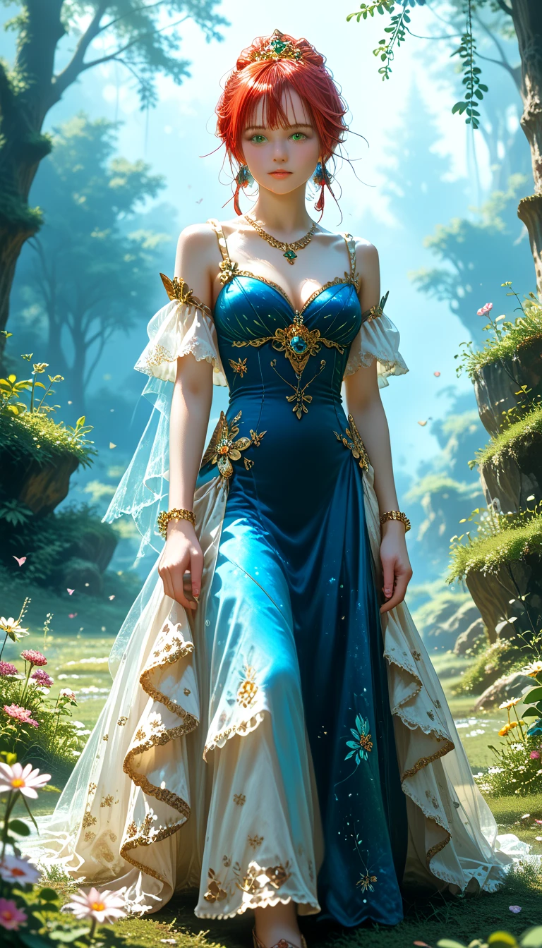 clean, absurdres, a stunning woman, edgFD, a woman wearing edgFD, fantasy_dress,a dress made of out of flowers and leaves,<lora:edgFantasy_Dress:0.8>,