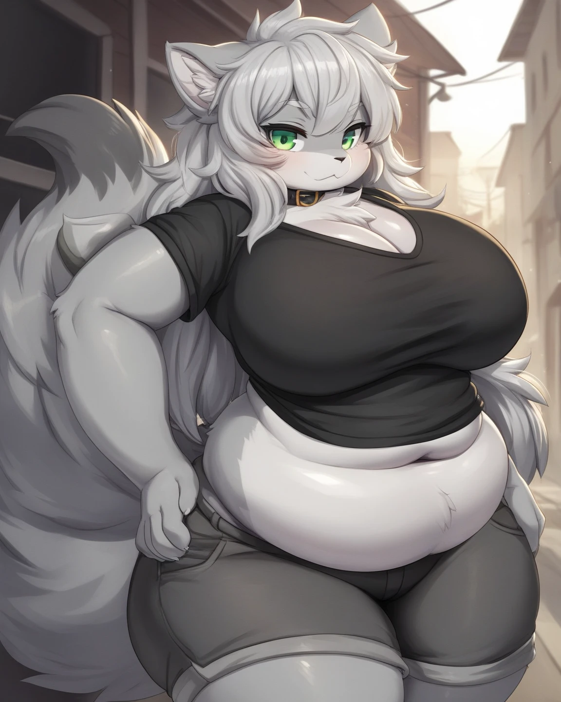 score_9, score_8_up, score_7_up, score_6_up, score_5_up, score_4_up, (solo), female anthro hyena, black shirt, sheer pants, hig heels, lusty, fluffy body, long blond hair, turquoise eyes, (thick thighs:1.5) offering the breasts sex partial clothes, cleavage  (barely_visible_booba) (she is standing) , giant breasts
