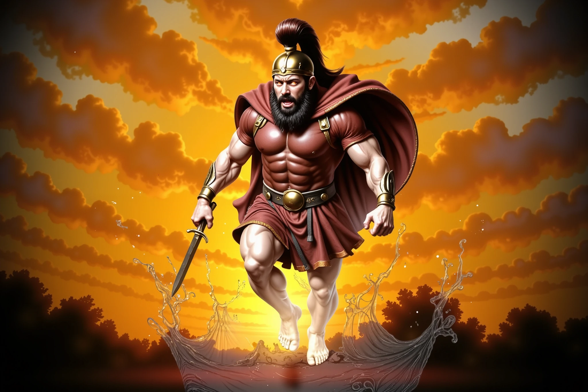 Ares, the Greek god of war, descends from the heavens engulfed in swirling flames and divine fury. His body is muscular and glows with the polished sheen of gold, each muscle sculpted with anatomical precision. He wears a bronze Corinthian helmet with a dark red horsehair crest flowing backward, exposing glowing, incandescent eyes and a snarling mouth. His thick beard and long black hair stream out from beneath the helmet.
Ares is dressed in a sleeveless crimson tunic, cinched at the waist by a wide dark brown leather belt with a bronze buckle. A blood-red cape billows behind him, partially consumed by the fire. In his right hand, he wields a short, slightly curved sword aimed downward, while his left fist is clenched in divine rage.
He hovers just above the scorched ground, creating concentric shockwaves of molten orange light rippling outward from his descent. The terrain cracks and glows with raw energy beneath him. Surrounding Ares are billowing clouds of smoke and fire—fiery reds, oranges, and yellows forming a halo behind his head. The lighting is dramatic, casting deep shadows and golden highlights across his body and armor.
The composition is dynamic and mythological, with a low-angle view to emphasize his overwhelming presence. The scene evokes cosmic wrath and power, as if the entire world trembles beneath the return of the god of war.