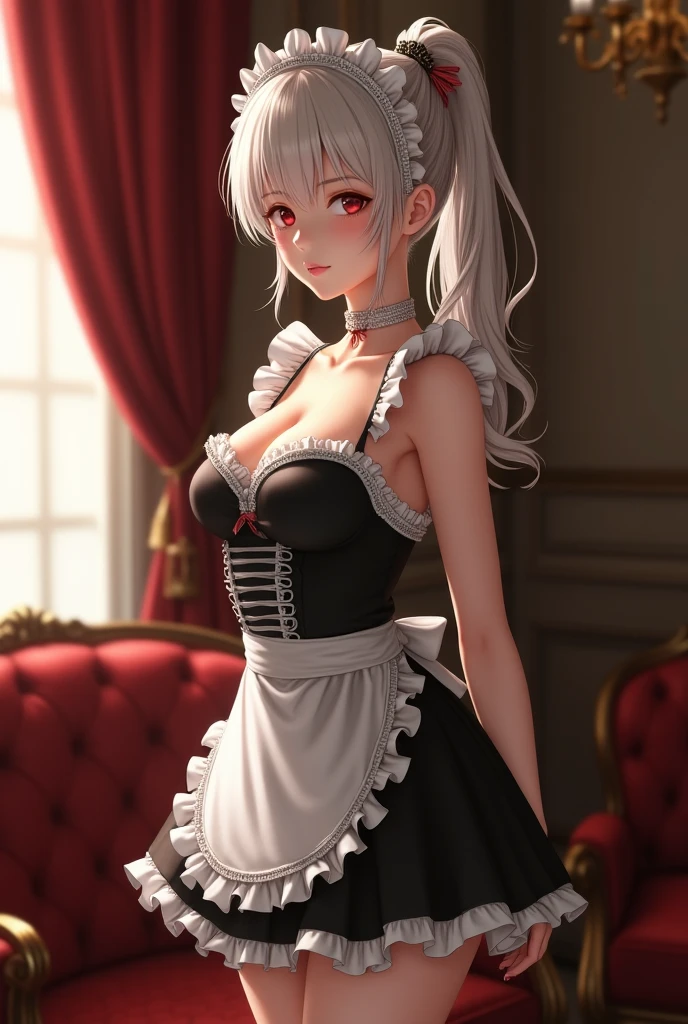 Nsfw, ((((masterpiece, best quality, high resolution)))), 1girl, white hair, purple eyes, short wavy hair, average breasts, blush, light smile, parted lips, glow, thighs, bare shoulders, collarbone, narrow waist, cleavage, (beautiful detailed face, beautiful detailed eyes), long slender thighs, perfect eyes, (maid outfit, maid apron, maid headband), (sunbeam, sunlight, rose, wind, cafe),nakamura regura