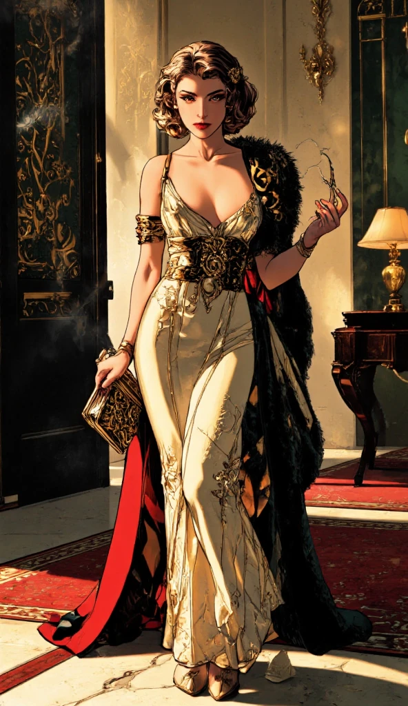 (ultra-detailed, photorealistic, best quality, 4k, highres, masterpiece:1.3), Madame Seraphina Valenforde, age 30, with long, flowing raven-black hair styled in an intricate updo adorned with jeweled pins, deep emerald green eyes, fair complexion with a small beauty mark just below her left eye, luxurious and elegant gown made from the finest silks and brocades in deep purples, emerald greens, and rich reds, accented with gold embroidery, exquisite jewelry including a choker necklace with a large emerald pendant, intricate earrings, multiple rings on her fingers, holding a delicate, lace-trimmed fan, opulent interior of her brothel in the background, rich decor, plush furnishings, warm and inviting atmosphere, reflecting her elegance, charm, and the power she wields in the city of Eldoria Prime, (intricate detail, super finely detailed hands, ultra finely detailed fingers, full body showcase, show full body).
