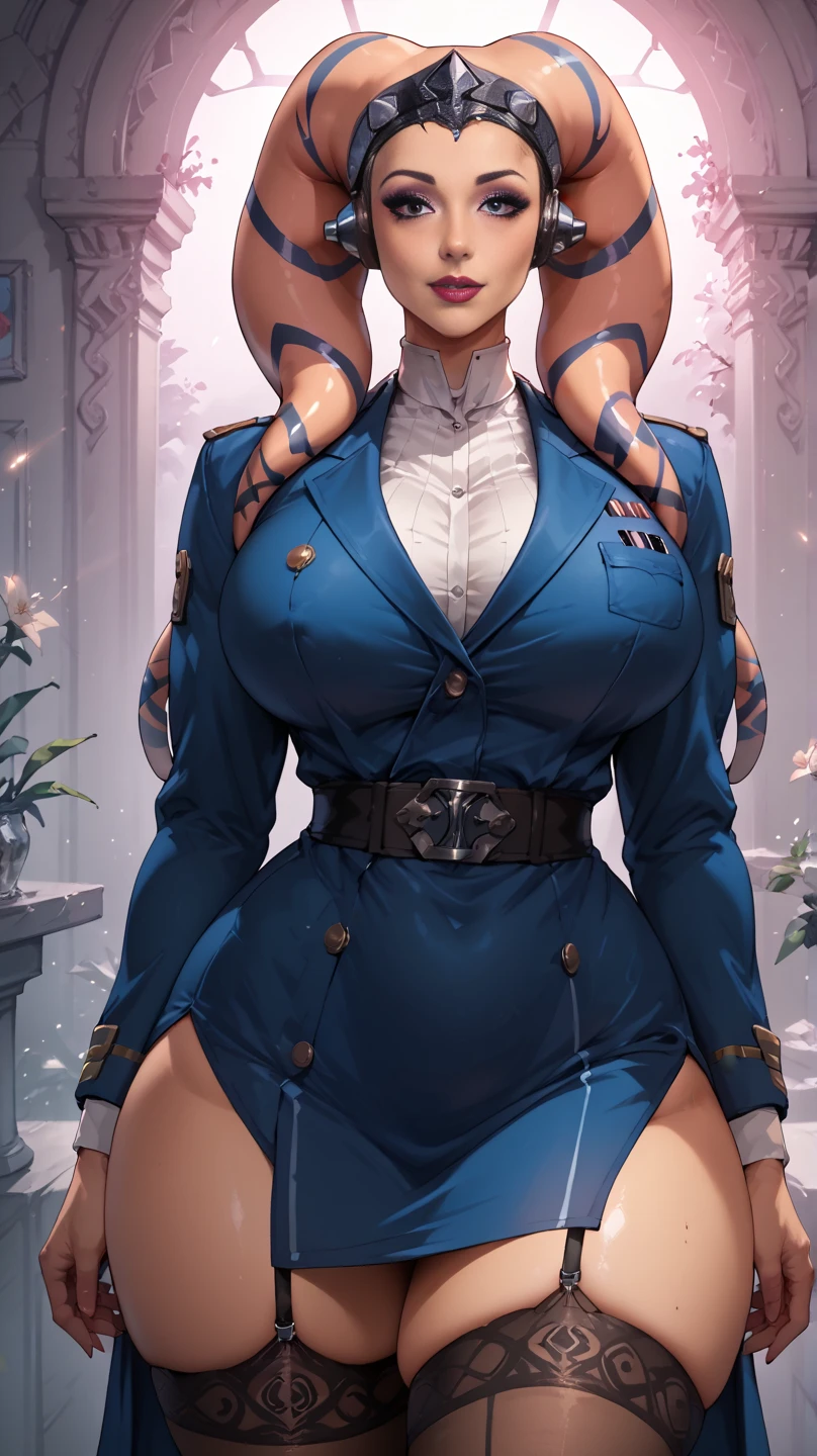 Beautiful woman is shown to have a athletic figure, she is wearing a beautiful nsfw dress, (aafranziska, light blue hair:1.5), ascot, puffy sleeves, pencil skirt, pantyhose, black gloves, jewelry, earrings, black lips, girl standing in a gala ballroom, sexy session, putting her hands on her waist, poseing, exposed cleavage, cowboy shot, superior quality, many details, realistic