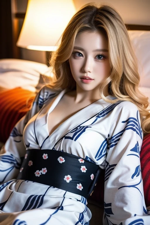 1girl, (Blue eyes), smiling, (Sana Minatozaki), wide hips, Big Boobs, big ass, (Best Quality, 8k, Masterpiece: 1.3), Clear Focus: 1.2, Perfect Body Beauty: 1.4, Slender Abs: 1.2, Highly detailed face and skin texture, detailed eyes, double eyelids, red lips, red lips, (blonde long hair), (flowered black yukata suit), (closeup at tits :1.4), bent over showing her cleavage, in a ryokan, deep on field