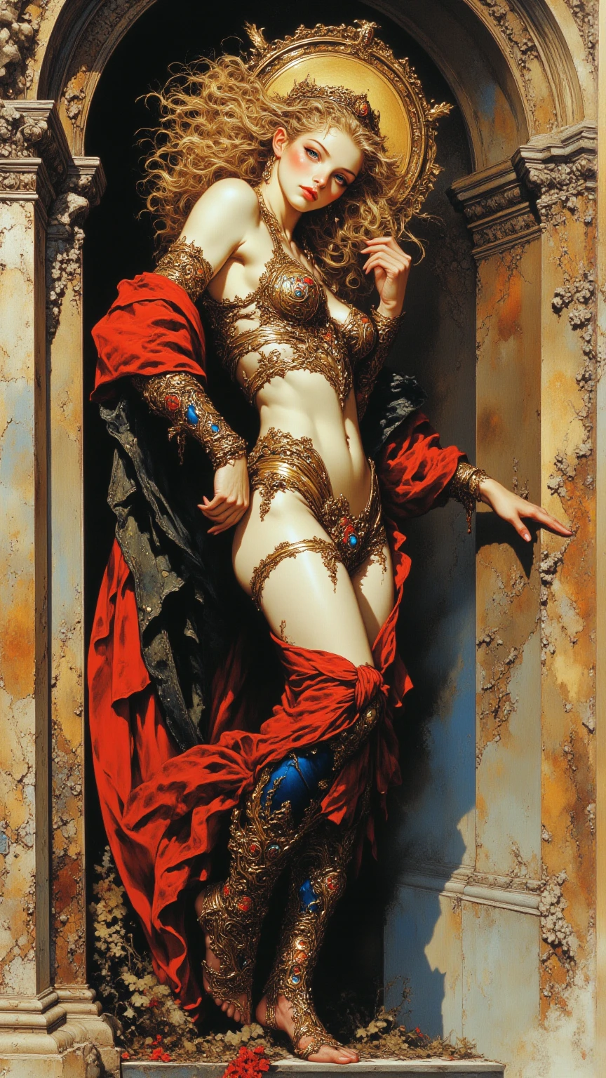 a naked, beautiful woman, arms up, ((chain, bound)), flowing red hair, athletic body, dramatic lighting, fantasy landscape, oil painting, volumetric lighting, highly detailed, cinematic, masterpiece, (best quality,4k,8k,highres,masterpiece:1.2),ultra-detailed