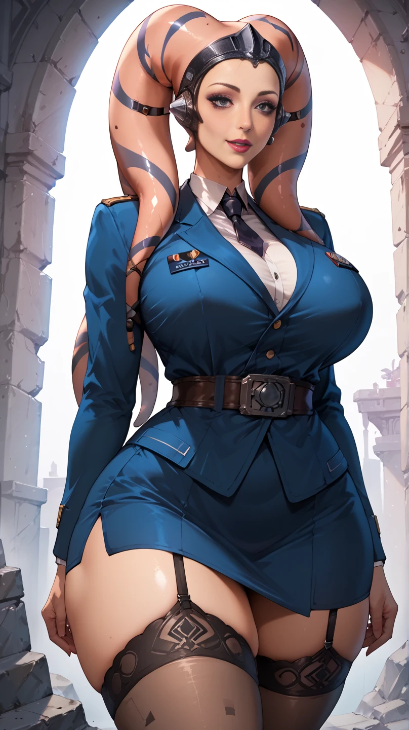Body position: Standing, straight, symmetrical, barefoot, Lustful smile on face with red blush, Luna Konosuba, Guild receptionist outfit, full body standing, cleavage