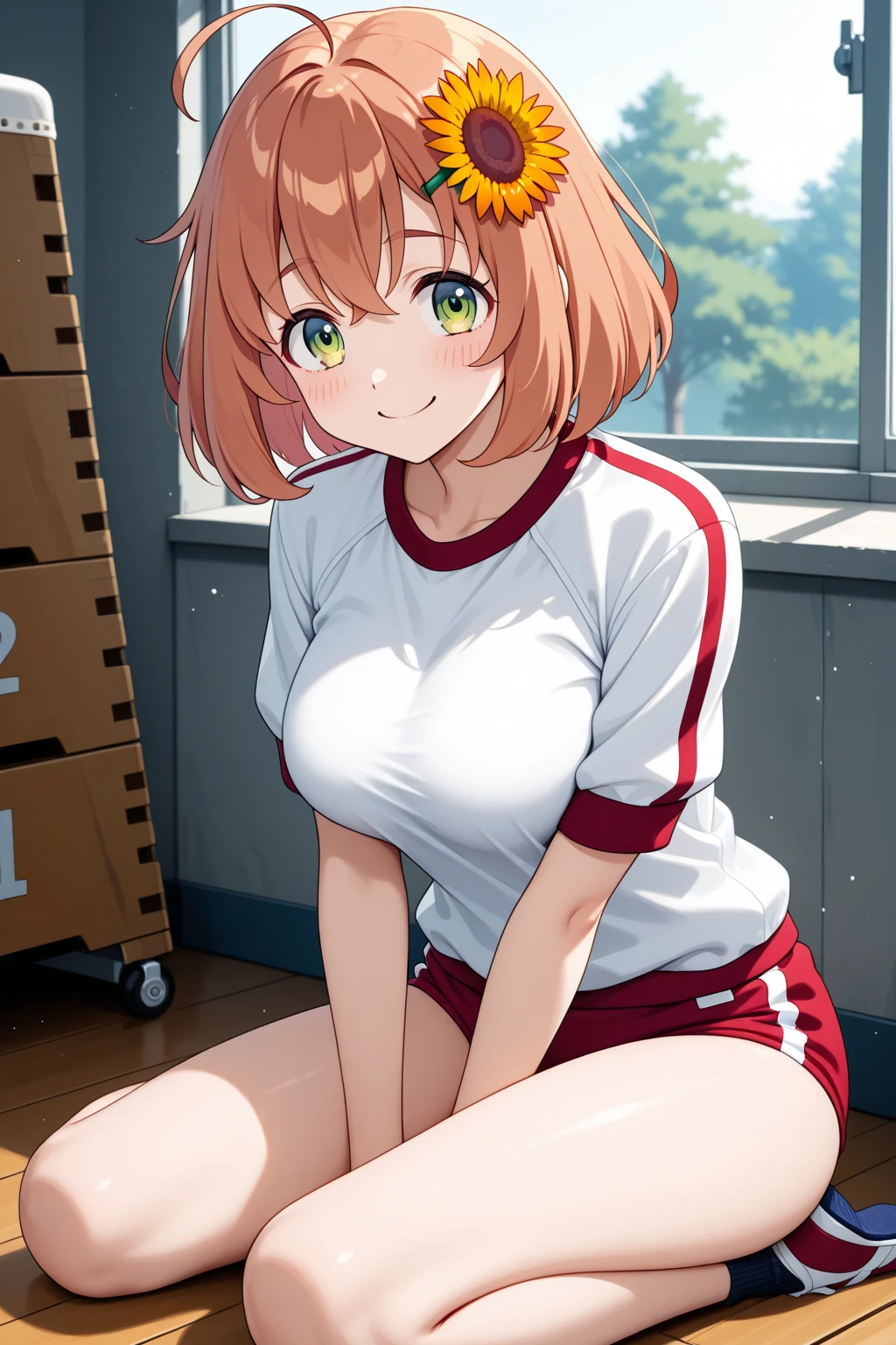 (masterpiece:1.2), best quality, high resolution, unity 8k wallpaper, (illustration:0.8), (beautiful detailed eyes:1.6), extremely detailed face, perfect lighting, extremely detailed CG, (kinomoto sakura, green eyes, two side up, short stature, small breast, solo,), sitting, spread legs, no bra, show off nipple, nipple, gym clothes, short bloomers, very torn clothes, open-breast clothes, vagina, gleaming skin, moist skin, embarrassed, open mouth, noon, athletic field, front view, looking at viewer, troubled face,