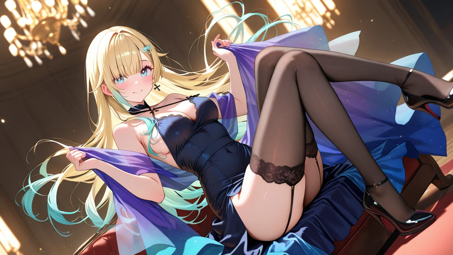 (masterpiece)、(Highest quality)、(Very detailed)、Official Art、One 、Blonde 、Little devil dress、No sleeve、、See through、small胸、最も胸がsmall、small、Cleavage、Thigh Focus、Card illustration、enchanting darkness