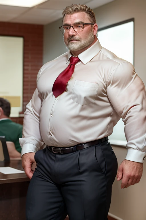 (best quality,4k,8k,highres,masterpiece:1.2), age 60, white man sheriff , horny disgusting, muscular chubby, kind, opened red silk shirt , mature daddy, Dress Pants with big bulge, hairy chest hard nipple, belt, loafer,