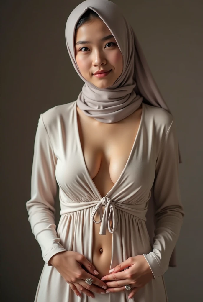 ((Thick lips:1.6)), ((((HALF BODY PORTRAIT)))), Naked, (((VERY SHINY SKIN))), Very cute like a baby face, ((Stylish Hijab)), adorable, 1 korean girl, 20 years old, matured face, shy, half body portrait,smile, (face details: 1), (eye details: 1), ((round large breasts, cleavage)), slim body, Cute posed. proportional body. Ultra High Res. (realistic: 1.9), UHD, ((SHINY SKIN :1.5)), Smooth silk light purple hijab covering her chest, wearing nothing but hijab, ((no clothes)), naked, (bog breasts 1.6), erected nipples, Half body shot, side view, looking forward