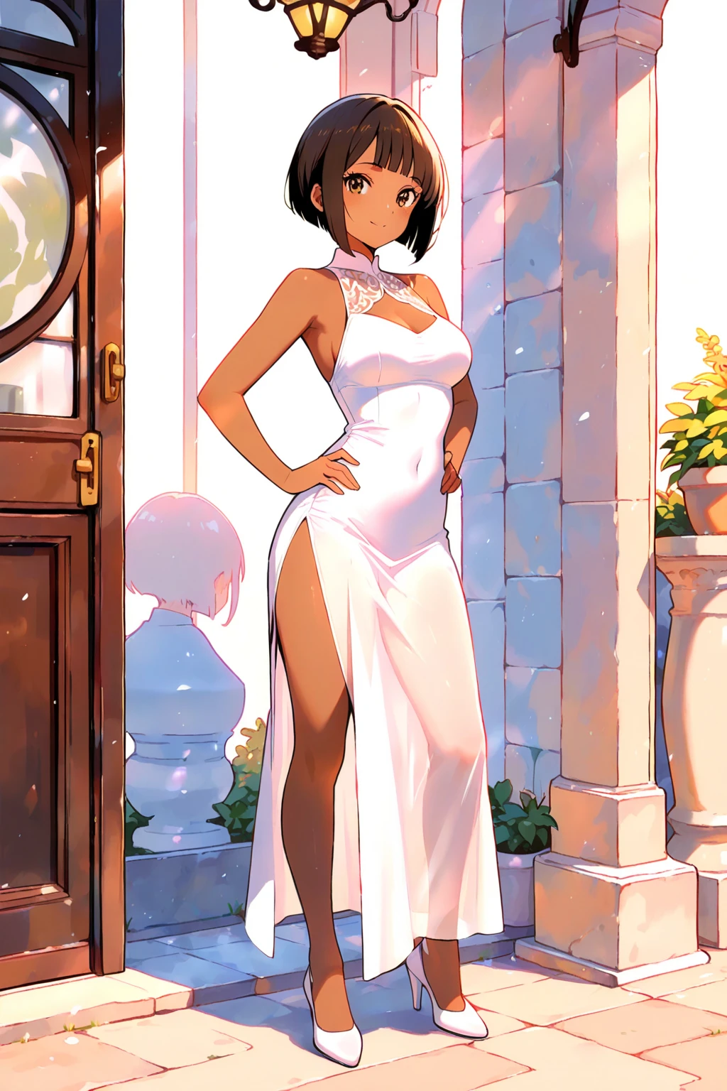 A lovely Malaysian woman (age 20, hijab no hair showing, busty, sheer summer dress (no underwear)), glamour poses in lavish garden at sunrise