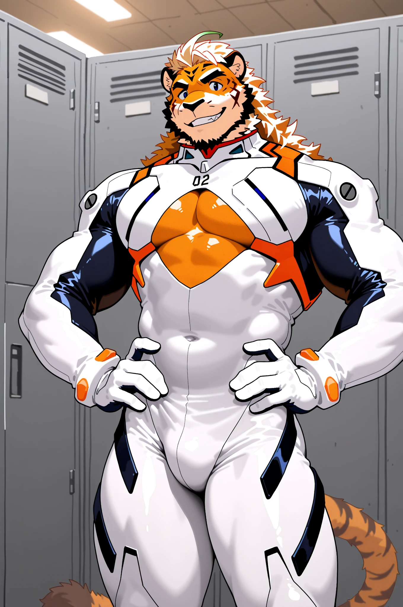 Bara Furry, anthropomorphic Skunk, Superhero, wearing twotone spandex suit ((Red and White)), diamond shaped boob window, zipper, big pecs, broad shoulders, diamond shaped ass window