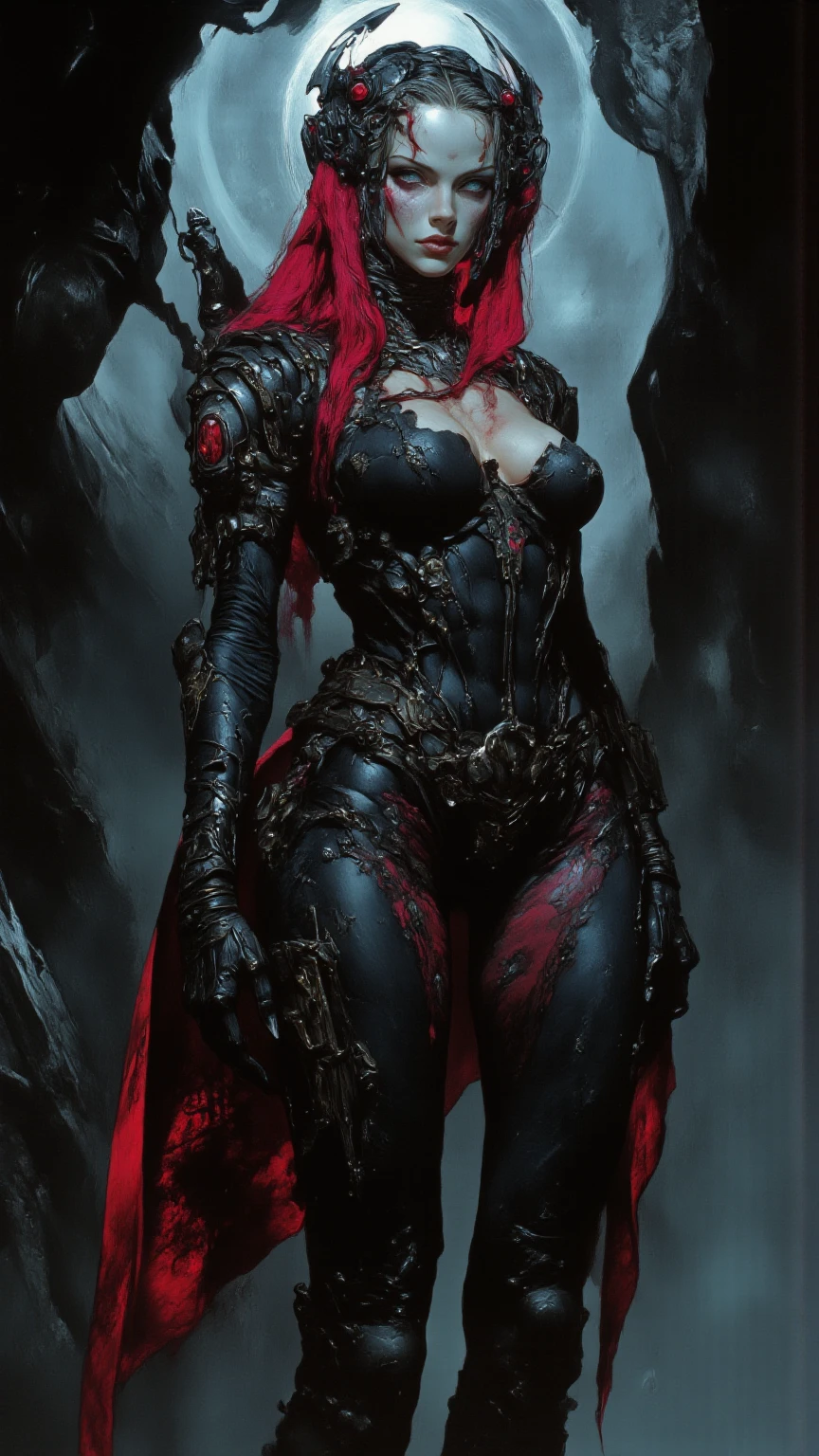 Fantasy Female Necromancer with pale skin and short red hair  , clyde caldwell, dark mascara, heavy makeup, skulls