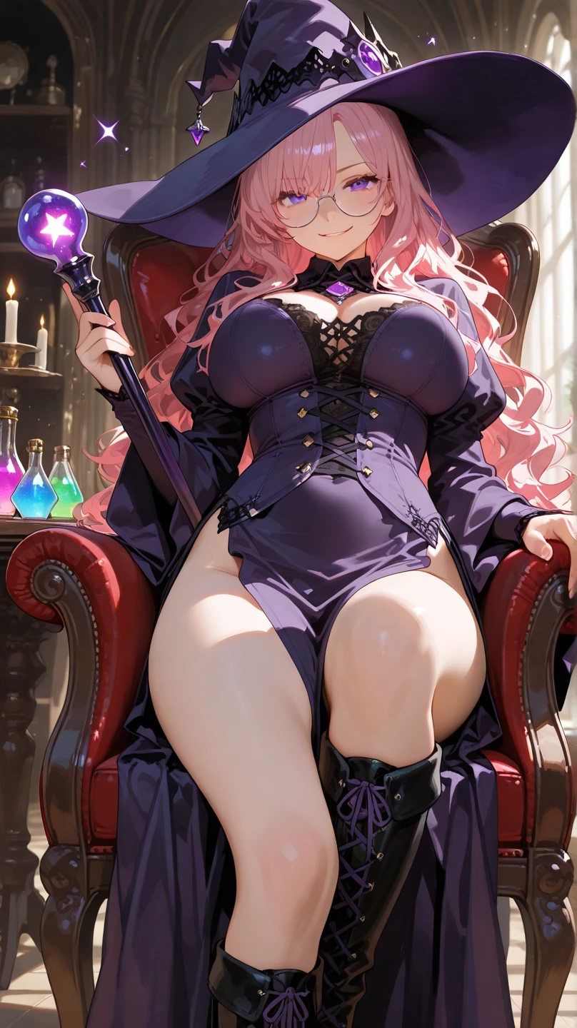 One anime girl, with a voluptuous figure, young and vibrant, boasts rich, fiery red locks cascading down her back. Her perfect body, illuminated by the soft glow of the moonlit background, is clad in a magical robe that shimmers with intricate details. Her captivating, flawless face, adorned with expressive, stunning eyes, holds a magical artifact in her hand. A warm, beautiful smile graces her lip-synched lips, her cheeks rounding lightly as she gazes contently at a book she's engrossed in. Her large, curvaceous hips add to her charms as she exudes a radiant, joy