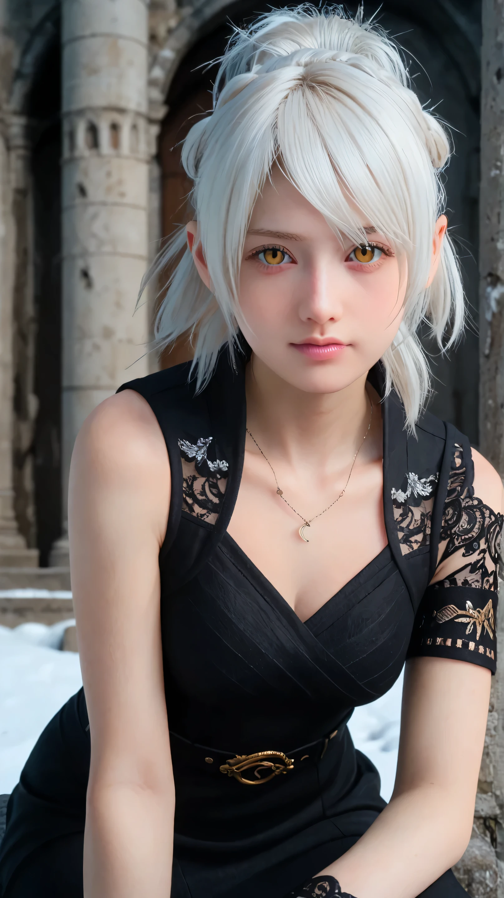1girl, solo,Cagalli,golden eyes,white hair,long hair,outdoors,potrait,medium breast,nature,sitting uder ruins,(winter:1.5),close up, front view,close up,black glove,black dress,ruby necklace,black skirt, ponytail